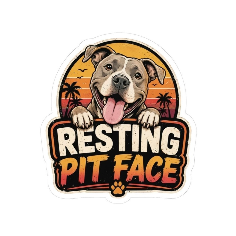 Resting Pit Face Sticker | Kiss-Cut Pit Bull Decal, Sunset Palm Design